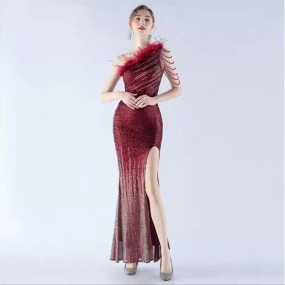Crimson, One Shoulder Beaded,  Feather Neckline,  Sleeveless,  Sequined Gown - Picture 4 of 14